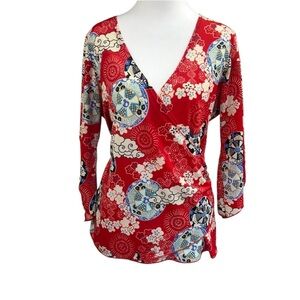 Julies Closet Y2K Faux Wrap Asian Inspired Artsy Blouse Sz 1X Red